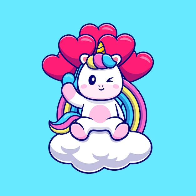 Licorne Mignonne Assise Sur Un Nuage Avec Arc-en-ciel Et Illustration De Dessin Animé De Ballon D'amour. Concept De Nature Animale Isolé. Style De Dessin Animé Plat