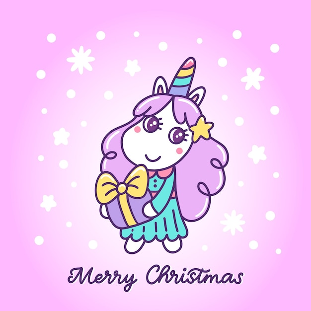 Licorne Mignonne Avec Un Cadeau Du Nouvel An Sur Fond Violet Avec Des Flocons De Neige