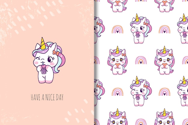 Vecteur licorne mignonne avec carte d'illustration de beignet et modèle sans couture