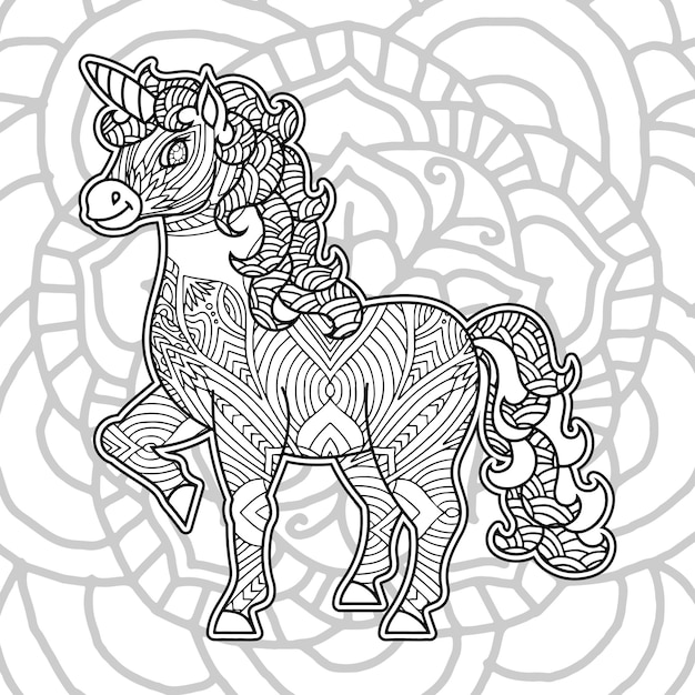 Vecteur licorne mignonne avec contour de mandala pour cahier de coloriage