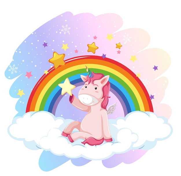 Vecteur licorne mignonne dans le ciel pastel avec arc-en-ciel