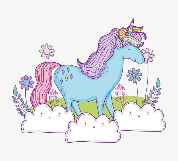 Licorne Mignonne Dans Les Nuages Avec Des Fleurs Et Des Feuilles