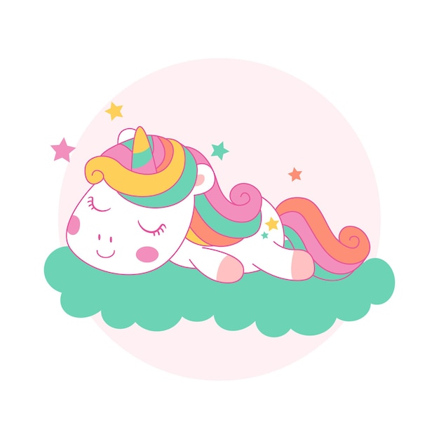 Licorne Mignonne Dormant Sur Un Style Kawaii De Dessin Animé De Nuage