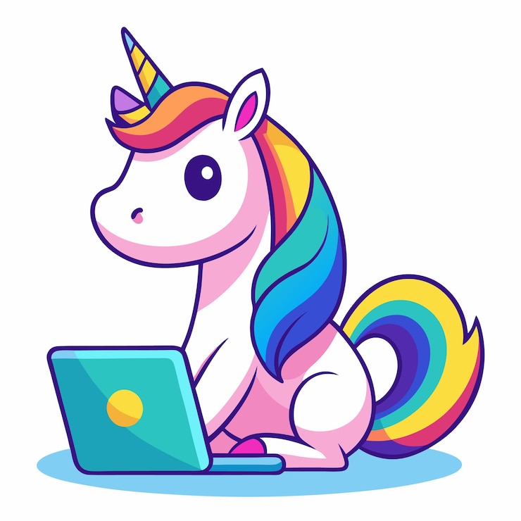 Vecteur une licorne mignonne qui travaille sur un ordinateur portable