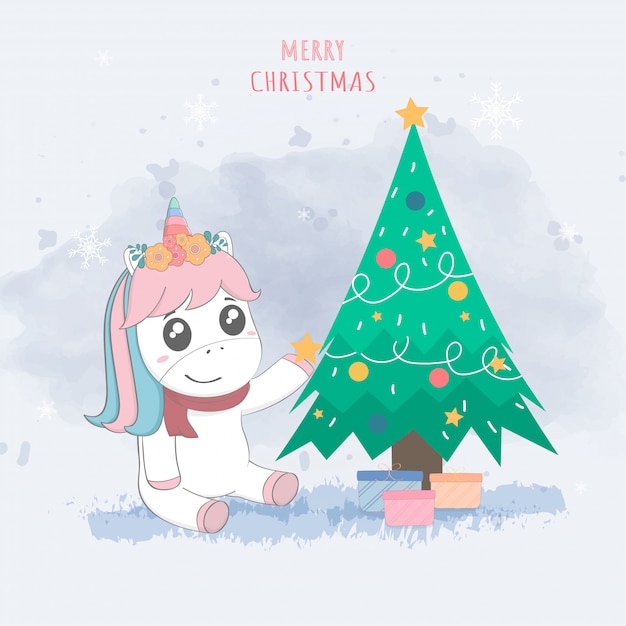 Licorne Mignonne Et Sapin De Noël, Joyeux Noël Carte Postale