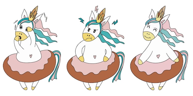 Licorne poney princesse mignonne avec différentes émotions Illustration colorée isolée sur blanc