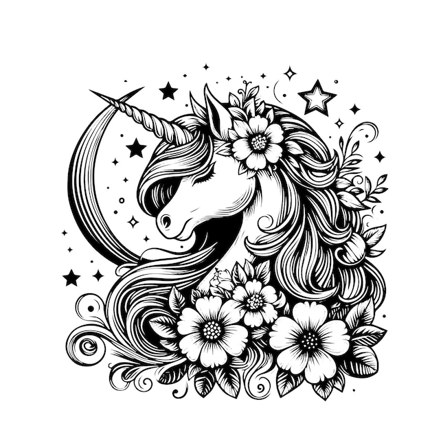 Vecteur une licorne rêveuse dessinée à la main avec la lune et la fleur