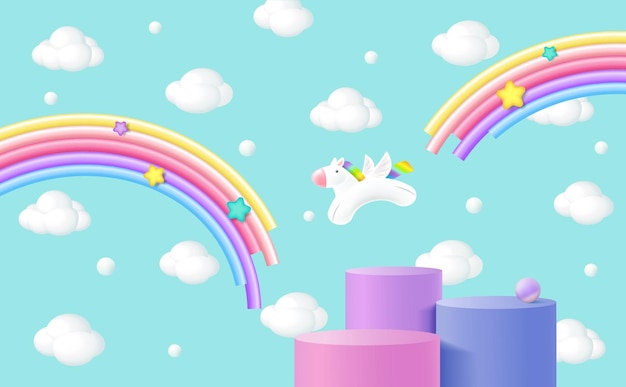 Licorne sans couture avec de nombreux nuages et arcs-en-ciel avec le fond de ciel bleuxA