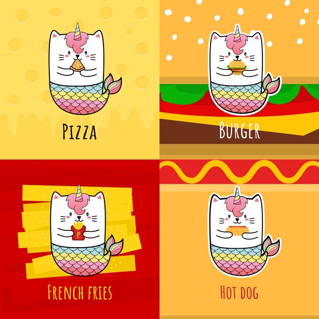 Licorne Sirène Chat Mignon Manger Hot-dog