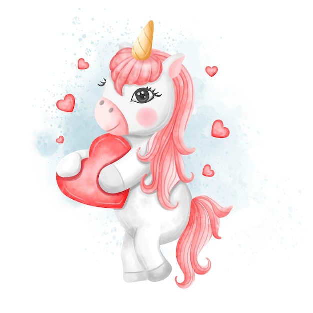 Vecteur une licorne de valentin portant un cœur plein d'amour