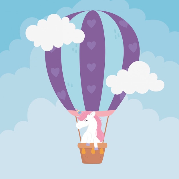 licorne volant montgolfière fantaisie rêve magique illustration de dessin animé mignon