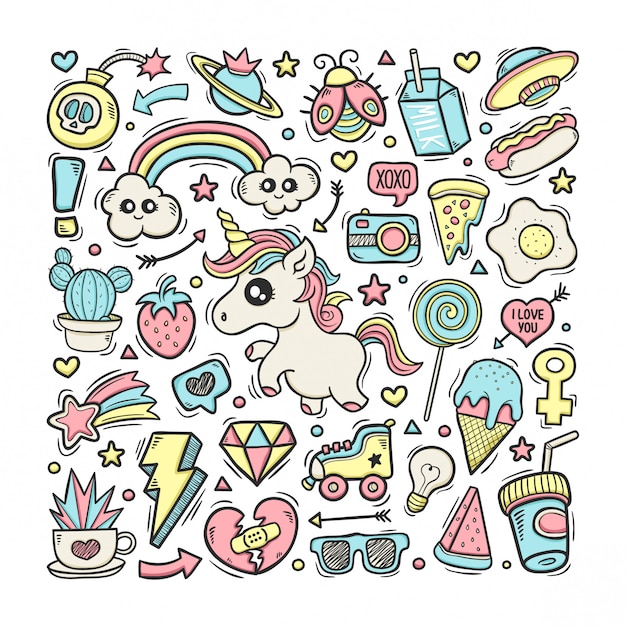 Licornes Dessinées à La Main Couleur Doodle