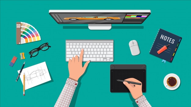 Lieu De Travail De Concepteur. Bureau Illustrator Avec Outils