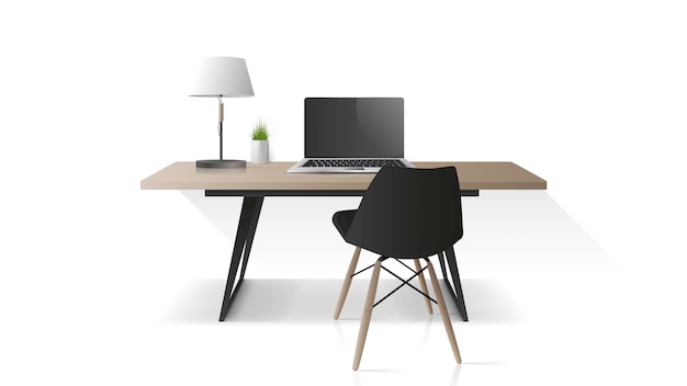 Vecteur lieu de travail moderne isolé sur fond blanc. table de bureau en bois, ordinateur portable, fauteuil, lampe de table. élément pour la conception de bureaux. réaliste