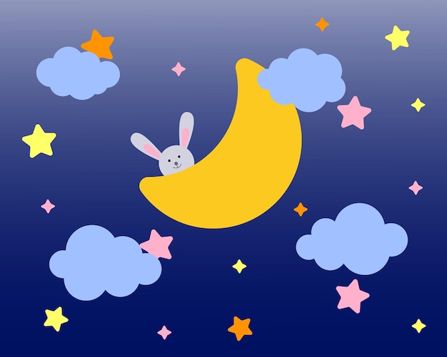 Un lièvre mignon est assis sur un personnage de dessin animé de croissant de lune pour l'impression d'affiche d'invitation