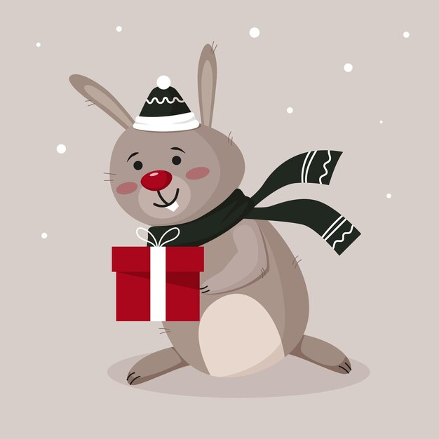 Vecteur lièvre de personnage de noël hiver dessin animé avec un cadeau dans un bonnet chaud et une écharpe