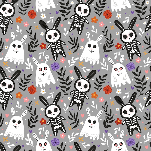 Vecteur lièvres squelettes lièvres fantômes illustration vectorielle de modèle sans couture vacances d'halloween