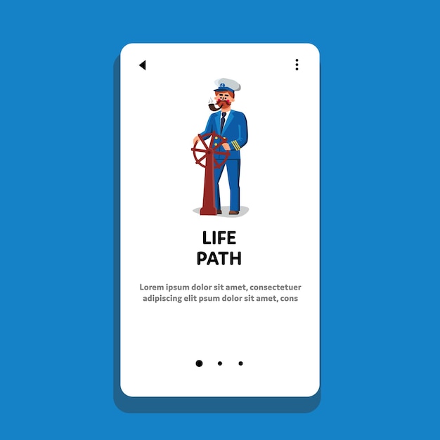 Life Path Man Captain Managing Direction Vector. Capitaine Man Pipe à Fumée Et Bateau De Direction Avec Le Chemin De Vie De La Roue De Navire. Personnage De Matelot, Trouver Le Moyen Et La Solution Web Illustration De Dessin Animé Plat