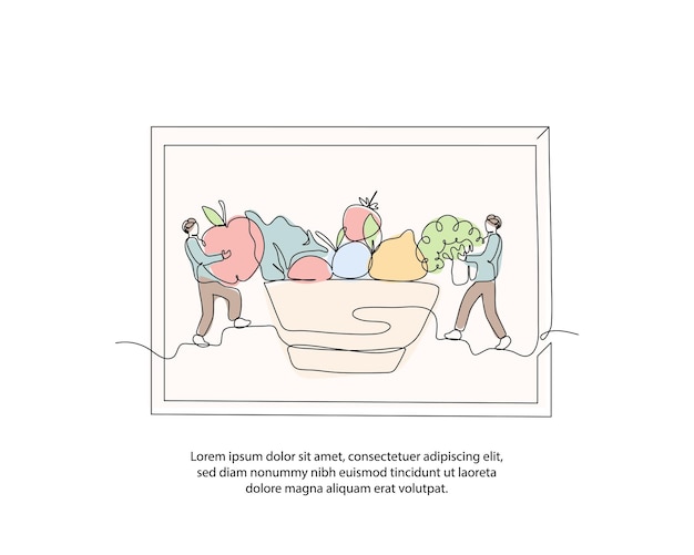 Une ligne sur l'affiche d'aliments nutritifs dessin avec cadre décor mural de ligne continue minime abstrait