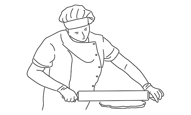 ligne d'art du chef roulant de la pâte avec illustration vectorielle de rouleau