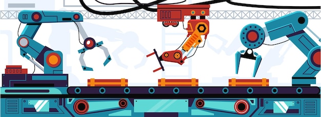 Vecteur ligne d'assemblage fabrication de convoyeurs avec mains robotiques et manipulateurs mécaniques hydrauliques equipement automatique industriel mécanismes électroniques d'usine plantes vectorielles processus de production automatisé