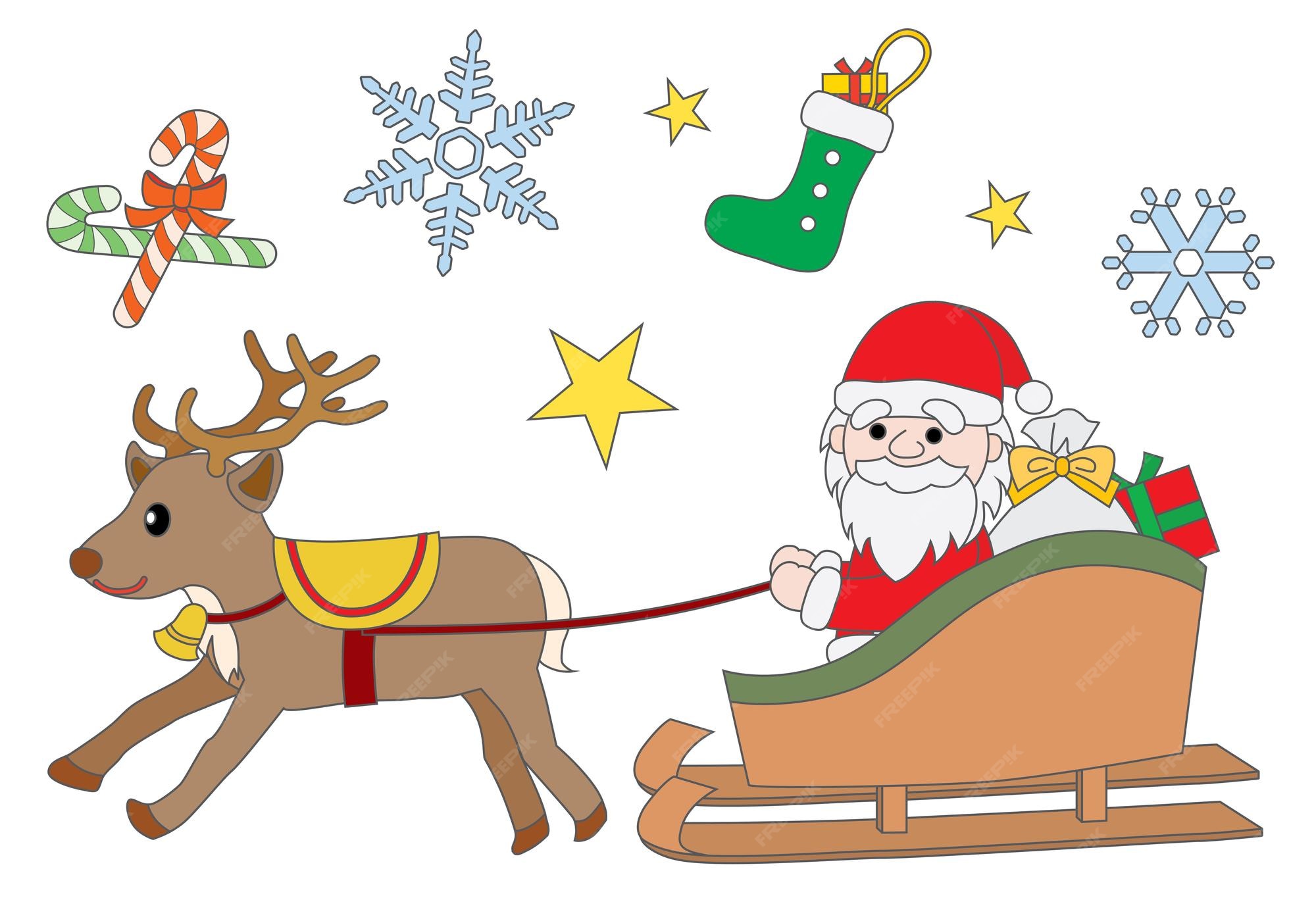 Ligne à Colorier Du Père Noël Et Des Rennes De Noël Vecteur Premium