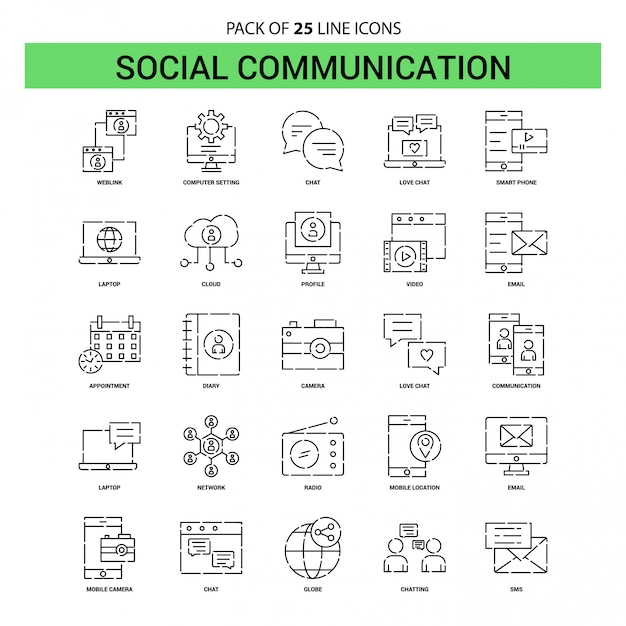 Ligne De Communication Sociale Icon Set - 25 Style De Contour En Pointillé