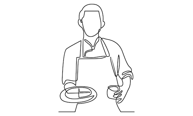 Ligne continue de chef tenant un plateau avec illustration de pizza