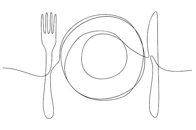 Une ligne continue dessin de fourchette de couteau de plaque Décoration pour café ou cuisine restaurant ou menu.