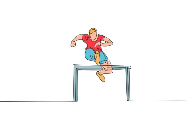 Vecteur une ligne continue dessinant un jeune homme sportif coureur sautant obstacle à la piste de course vecteur de conception