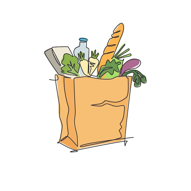 Vecteur une ligne continue dessinant des légumes lait baguette pain à l'intérieur d'un sac d'épicerie en papier vecteur de conception