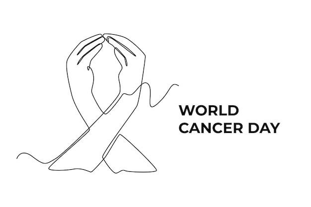 Vecteur une ligne continue dessinant des mains formant un signe de coeur pour le soutien contre le cancer concept de la journée mondiale du cancer illustration graphique vectorielle de dessin à une seule ligne