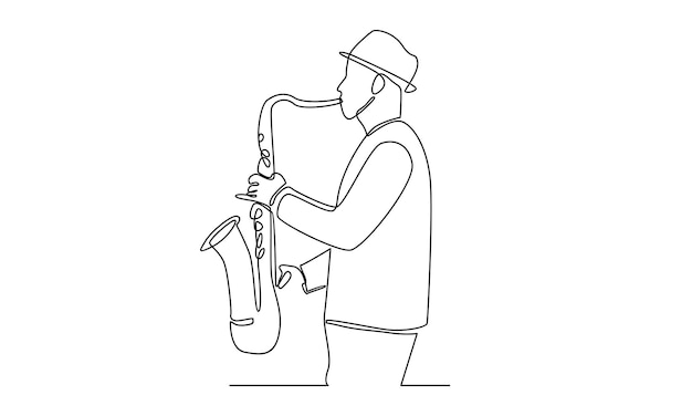 Ligne Continue D'homme Jouant De L'instrument De Trompette Jazz