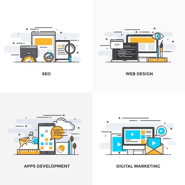 La Ligne De Couleur Plate Moderne A Conçu Des Icônes De Concepts Pour Le Référencement, La Conception Web, Le Développement D'applications Et Le Marketing Numérique.