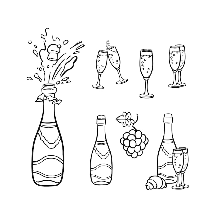 Vecteur ligne définie de l'alcool avec des verres de champagne d'illustration de vin