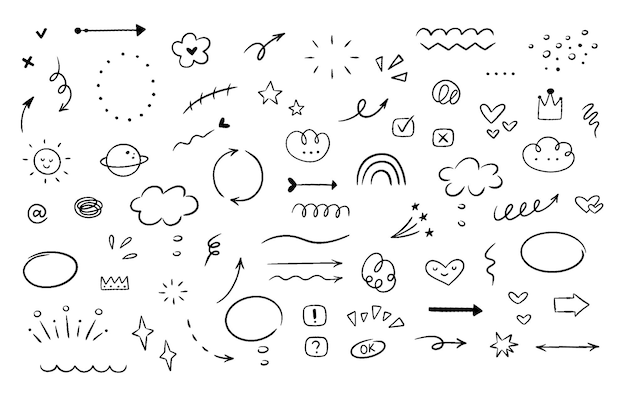 Ligne dessinée à la main éléments simples nuage discours bulles souligner l'accent étoile flèche cœurs