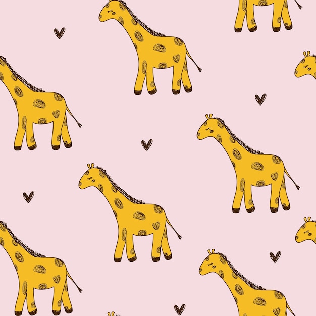 Vecteur ligne de doodle mignon girafe mignonne avec motif coeurs sans soudure pour les enfants