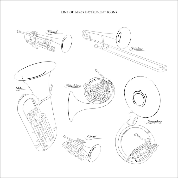 Vecteur ligne d'icônes d'instruments en laiton