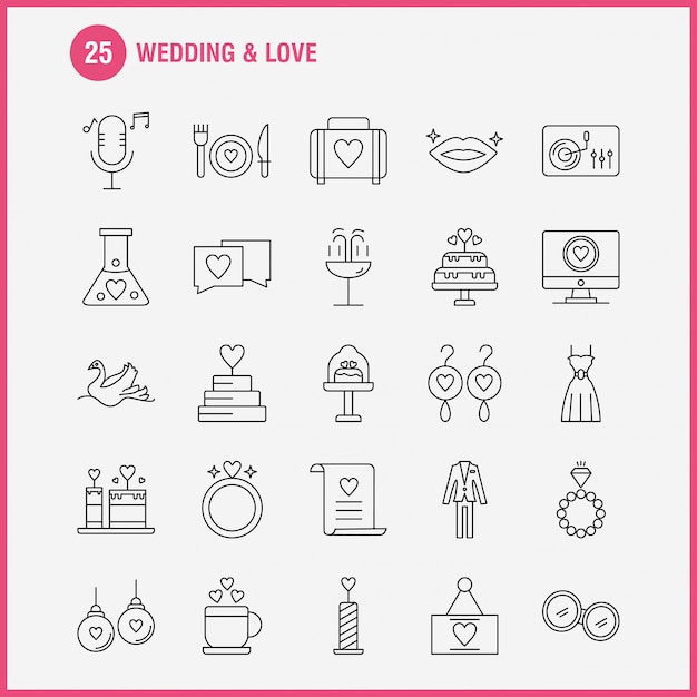 Ligne D'icônes De Mariage Et D'amour Définie Pour Infographie, Kit Ux / Ui Mobile