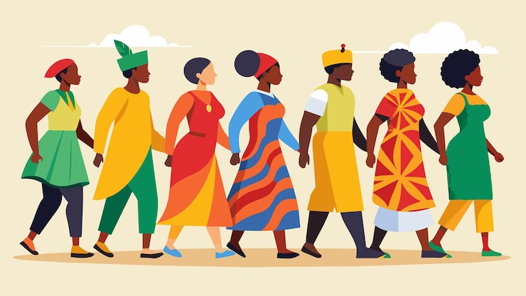 Vecteur une ligne d'individus traditionnels africains colorés marchant à l'unisson le jour du dix-huitième