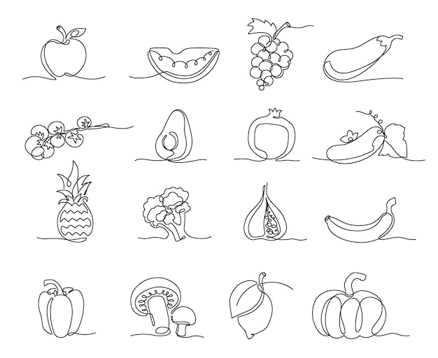 Une Ligne De Légumes Et De Fruits épicerie Dessinée à La Main Aliments Végétaliens Sains Et Naturels Vecteur De Ligne Continue Ensemble D'illustrations
