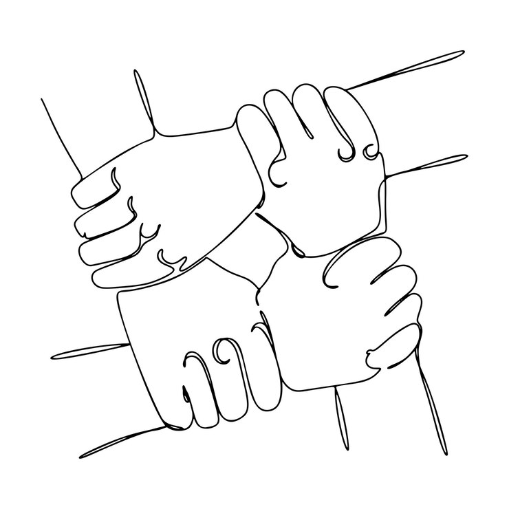 Vecteur une ligne mains unité main illustration dessinée