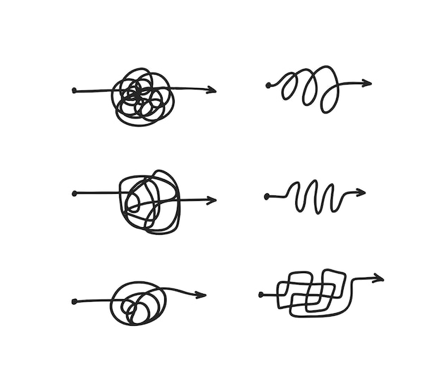 Ligne Malpropre Set Concept De Manière Compliquée D'écoute Isolé Sur Fond Blanc Chemin De Gribouillis Chemins De Processus Difficiles Chaotiques