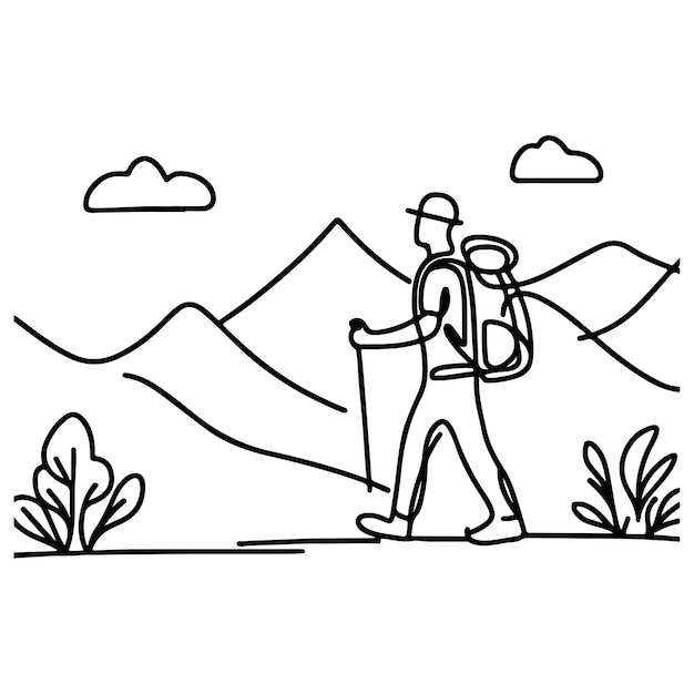 Vecteur une ligne noire continue de dessiner un homme de randonnée avec une page arrière au contour de la forêt du paysage de montagne