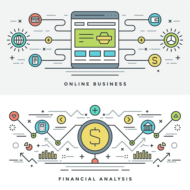 Vecteur ligne plate shopping et internet business