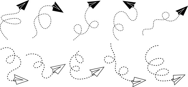 Vecteur ligne pointillée d'avion en papier noir