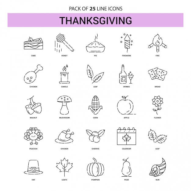 Ligne De Thanksgiving Icon Set - 25 Style De Contour En Pointillés