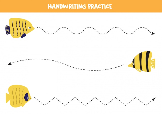 Ligne De Traçage Avec Différents Poissons De Mer Jaune. Feuille De Travail Pour Les Enfants.