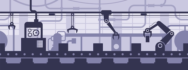 Vecteur ligne de transport intérieure de l'usine ligne d'assemblage avec courroie de transport processus de production automatisé illustration de fond vectorielle sans couture