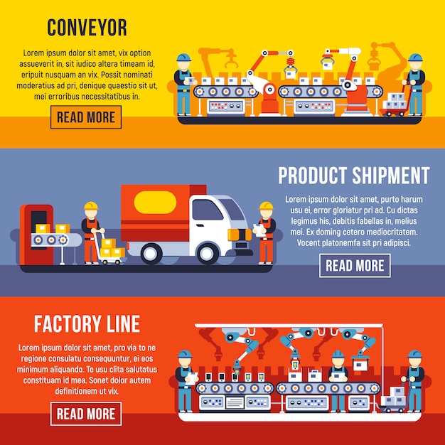Ligne D'usine De Convoyeur Automatisation Avec Ensemble De Bannières Horizontales Mains Robotique